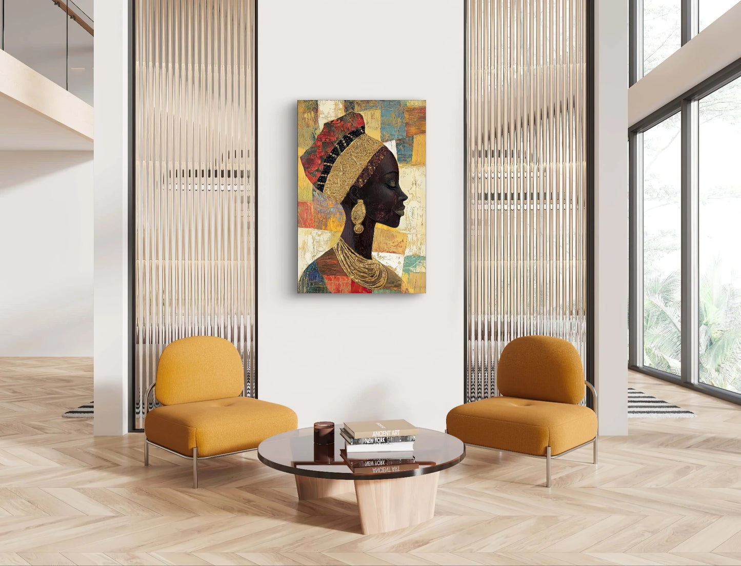 Textielkunstwerk Kracht in Stilte boven een moderne ronde tafel met okergele stoelen  
