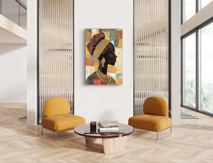 Textielkunstwerk Kracht in Stilte boven een moderne ronde tafel met okergele stoelen  
