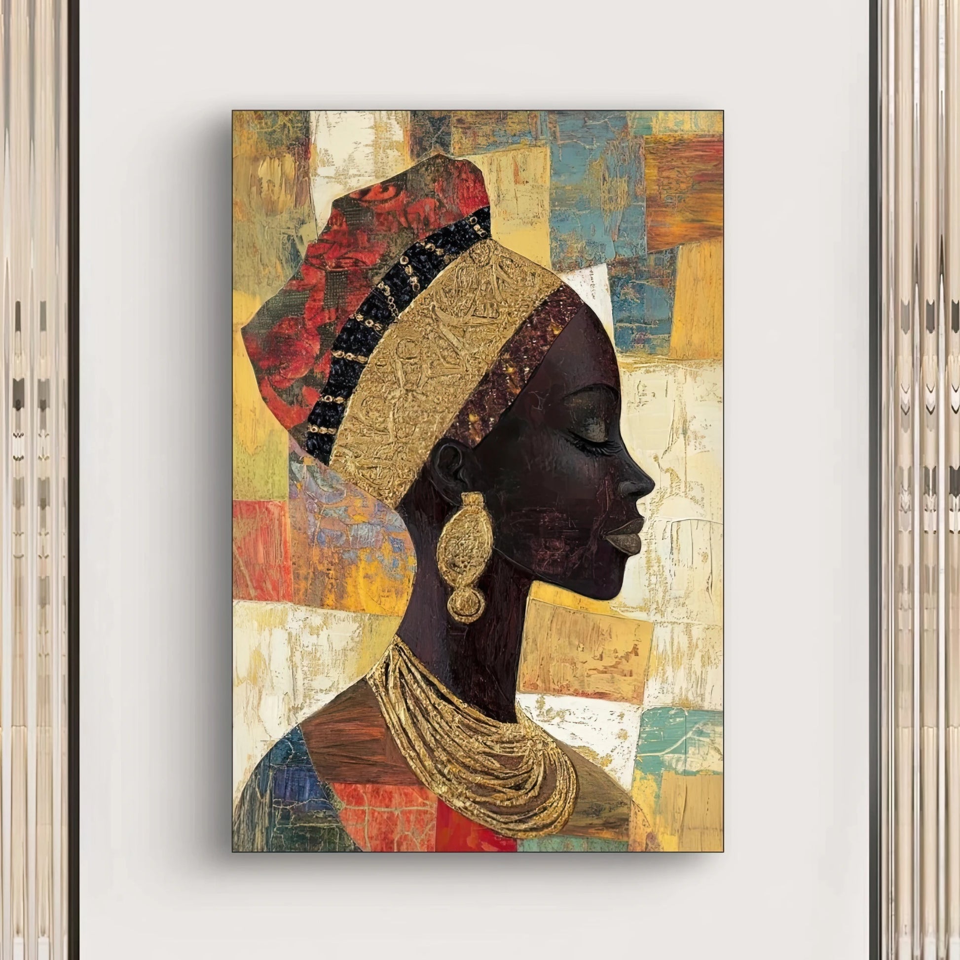 Detail van het gezicht en gouden oorbel uit het kunstwerk Kracht in Stilte  
