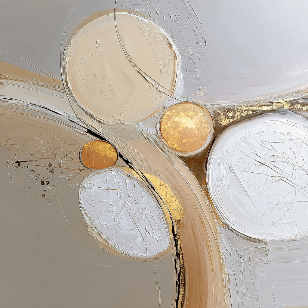 Abstracte compositie in goud, beige en wit met cirkelvormen en zachte lijnen
