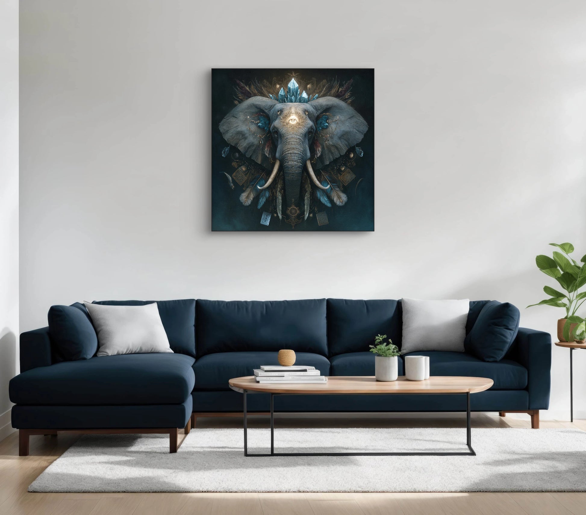 Mock-up van Kristalwachter aan de muur boven een donkerblauwe bank  
