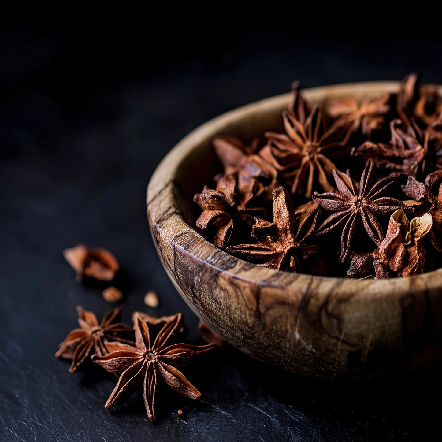Volledige weergave van Kruidenschat met stervormige specerijen in een rustieke houten schaal
