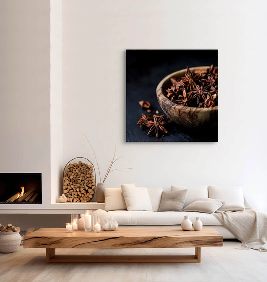 Textielkunstwerk Kruidenschat boven beige bank met houten tafel en kaarsen
