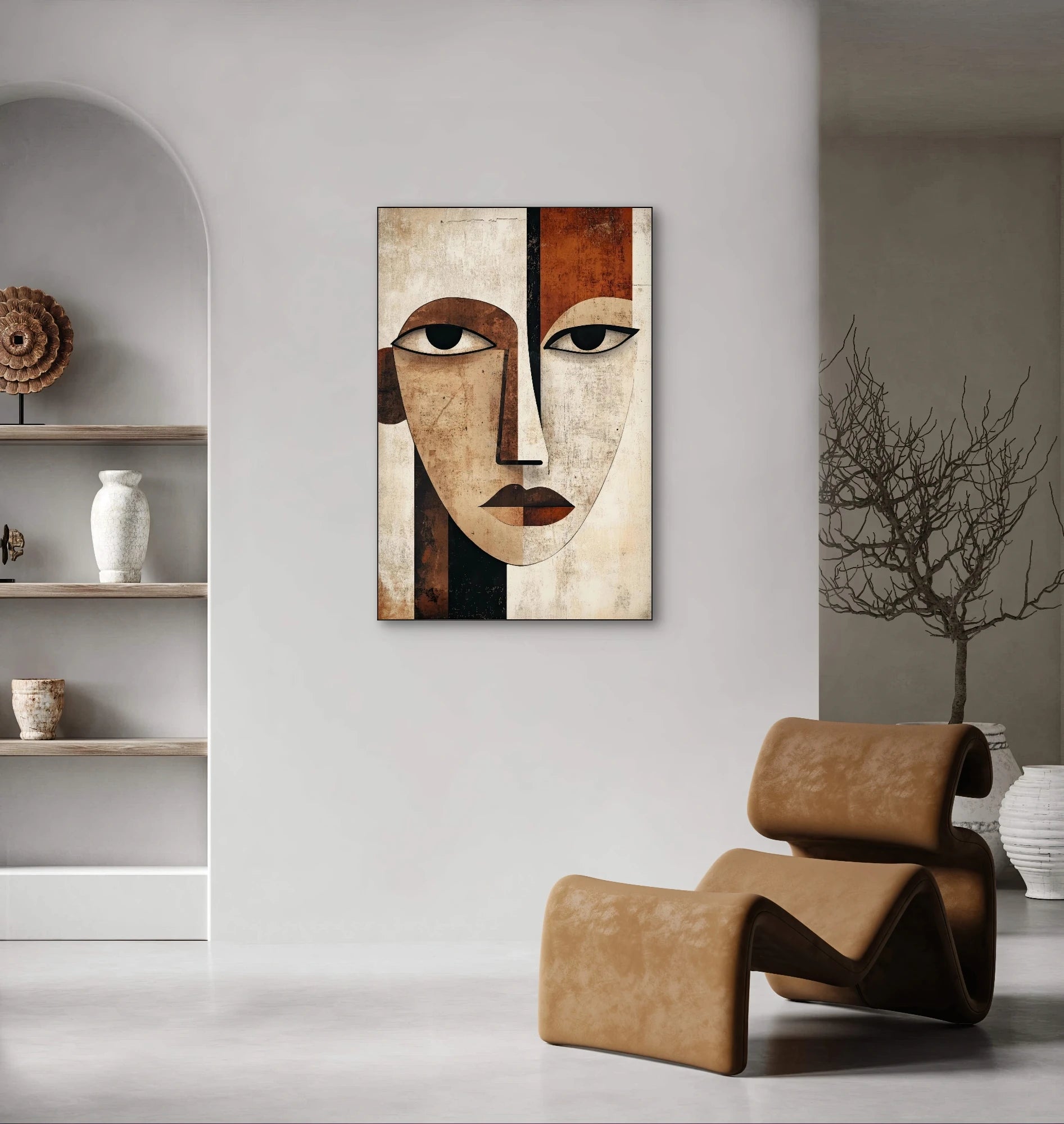 Moderne wanddecoratie van kubistisch gezicht in bruin, beige en zwart boven sculpturale stoel
