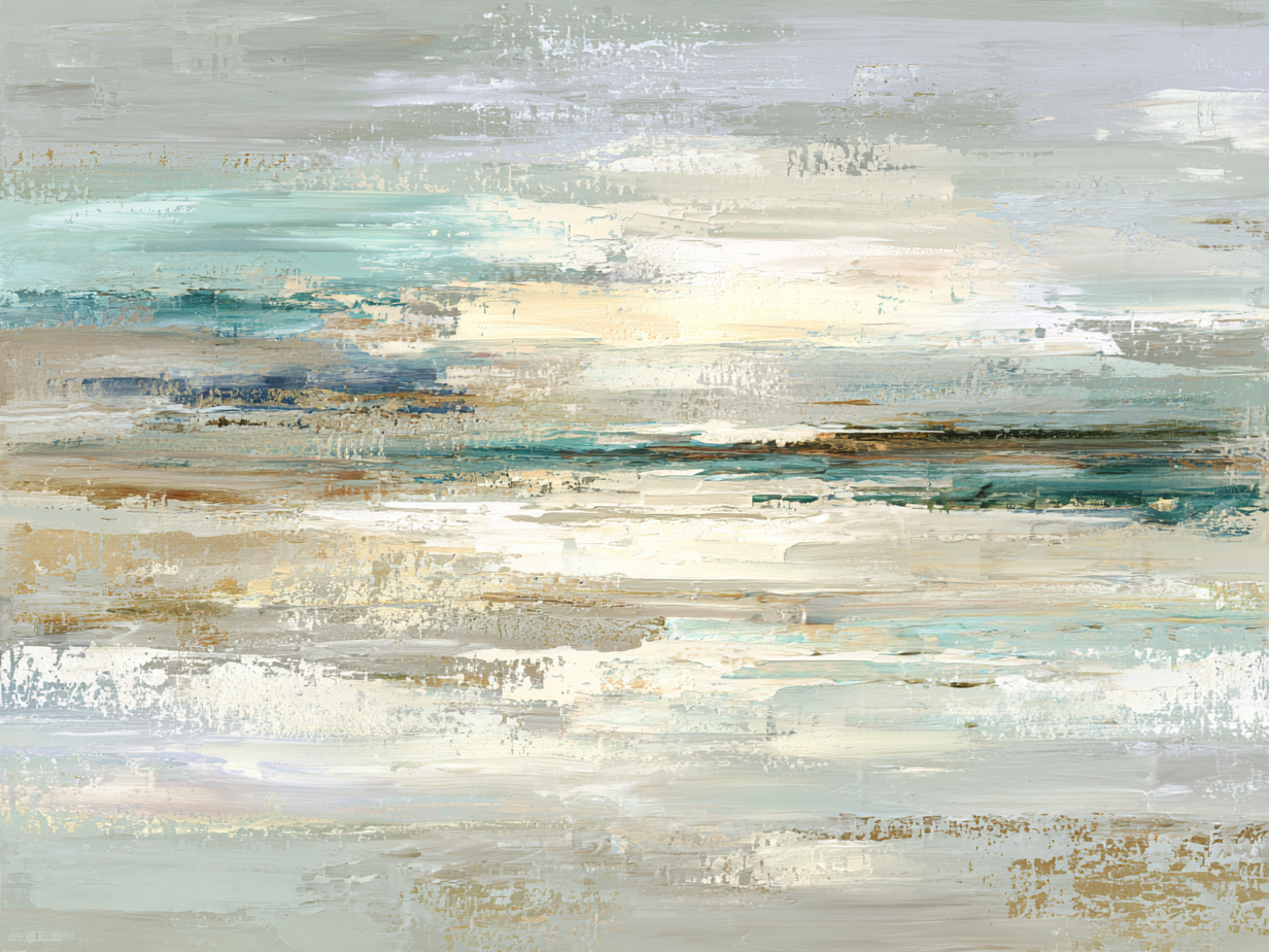 Abstract schilderij in zachte tinten van zand, wit en turquoise dat rust en ruimte uitstraalt
