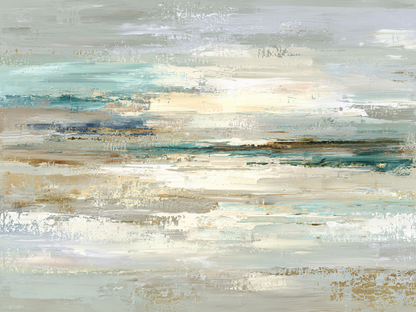 Abstract schilderij in zachte tinten van zand, wit en turquoise dat rust en ruimte uitstraalt
