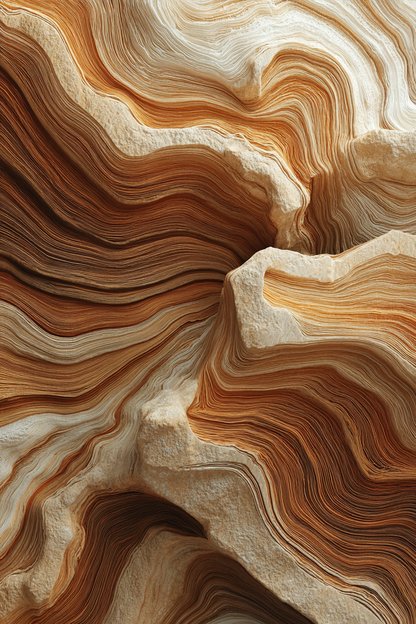 Abstract wandkunst met vloeiende lijnen en natuurlijke gelaagdheid in warme bruine en beige tinten
