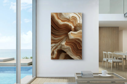 Abstract kunstwerk met warme bruintinten aan de muur in een moderne woonkamer met uitzicht op zee
