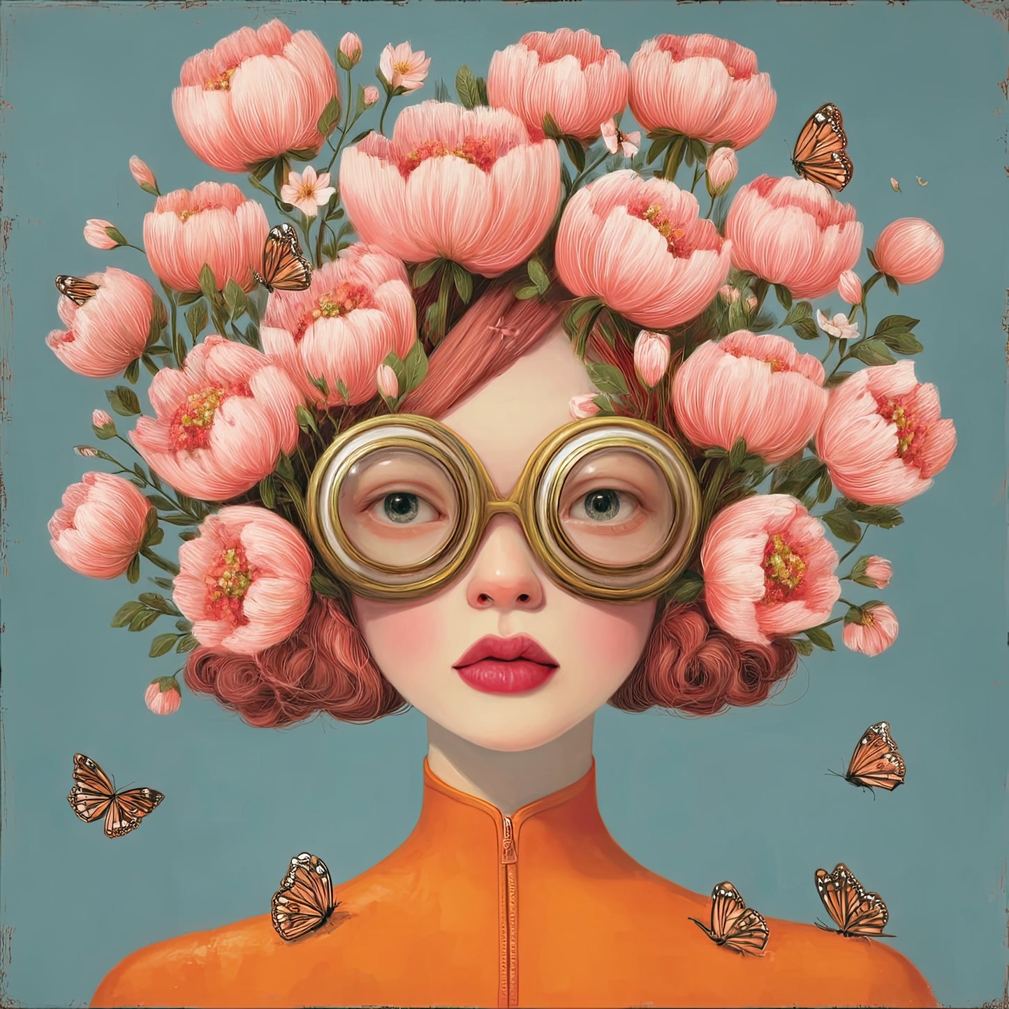 Volledige weergave van Lady Botanique met tulpenbloemen als kapsel, vlinders en zachte lentekleuren  
