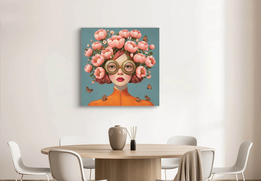 Textielkunstwerk Lady Botanique aan de muur in een licht interieur met ronde houten eettafel en witte stoelen  
