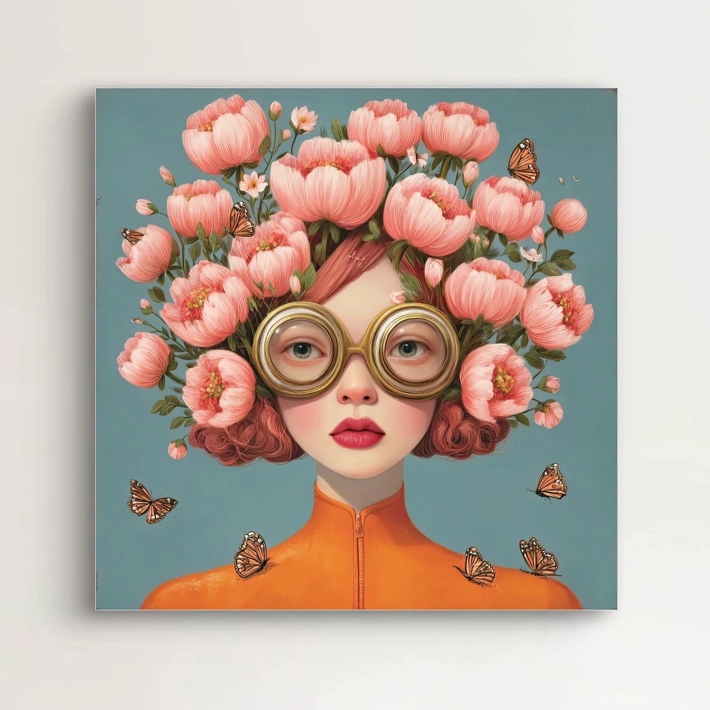 Detail van het gezicht en tulpenkapsel uit het kunstwerk Lady Botanique met vlinders op blauwgroene achtergrond  
