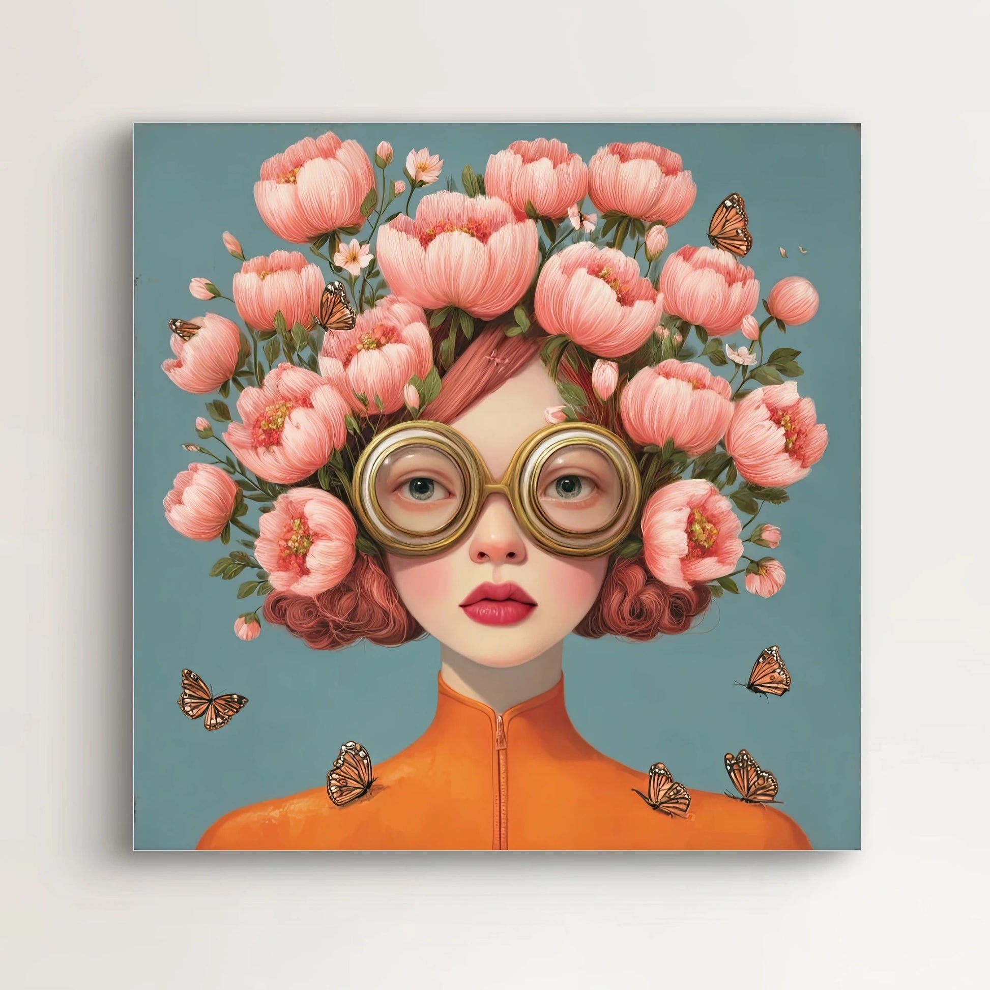 Detail van het gezicht en tulpenkapsel uit het kunstwerk Lady Botanique met vlinders op blauwgroene achtergrond  
