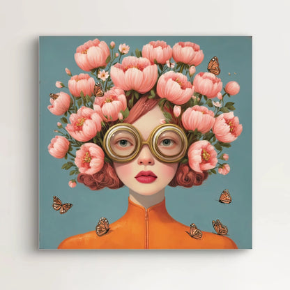 Detail van het gezicht en tulpenkapsel uit het kunstwerk Lady Botanique met vlinders op blauwgroene achtergrond  
