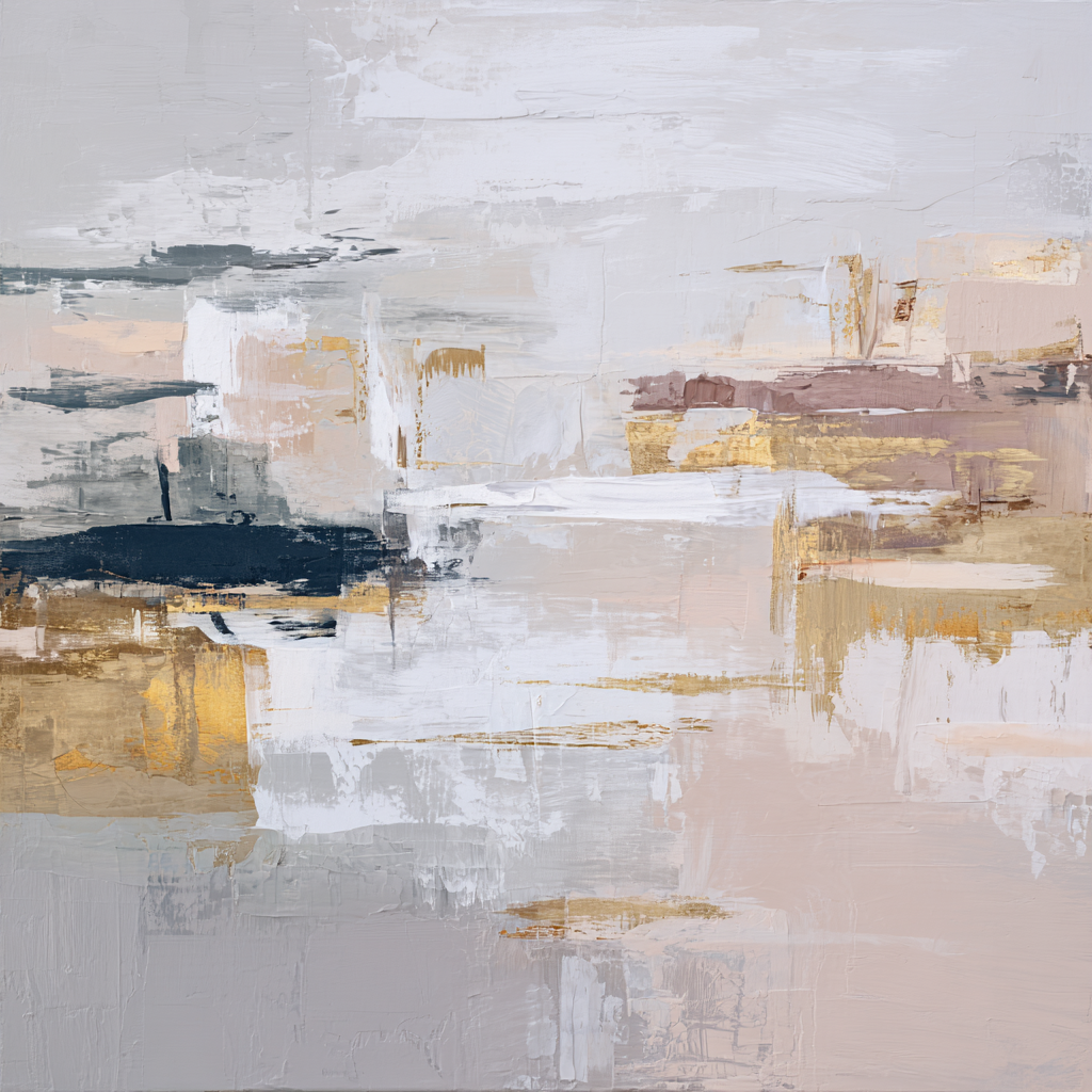 Abstracte compositie in beige, wit en goud met zachte structuur en serene uitstraling
