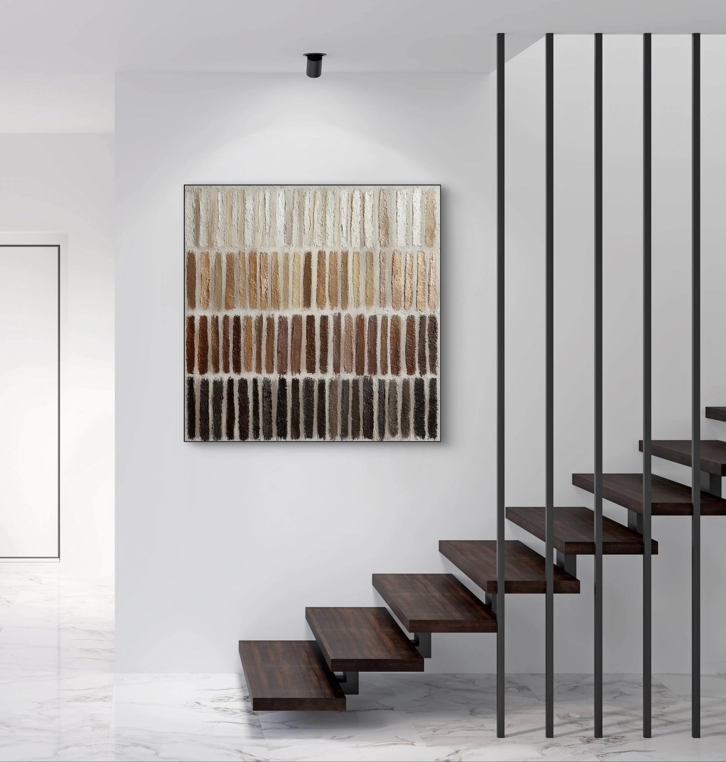 Mock-up van kunstwerk Lagen van Tijd boven trap in modern interieur met marmeren vloer en houten accenten 
