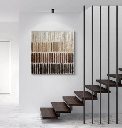 Mock-up van kunstwerk Lagen van Tijd boven trap in modern interieur met marmeren vloer en houten accenten 
