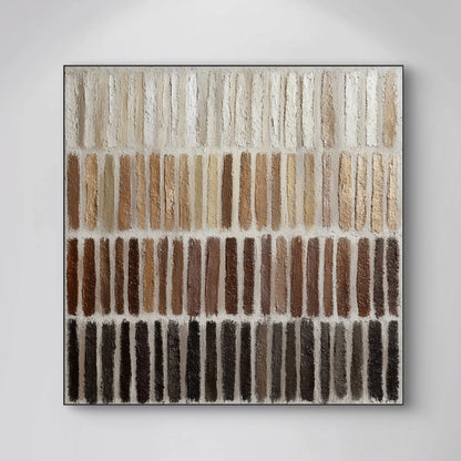 Detailopname van kunstwerk Lagen van Tijd met verticale penseelstreken in aardse tinten en natuurlijke texturen 
