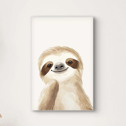 Detailweergave van een schattige luiaard met zachte vacht en rustige uitstraling, getekend op een witte achtergrond.
