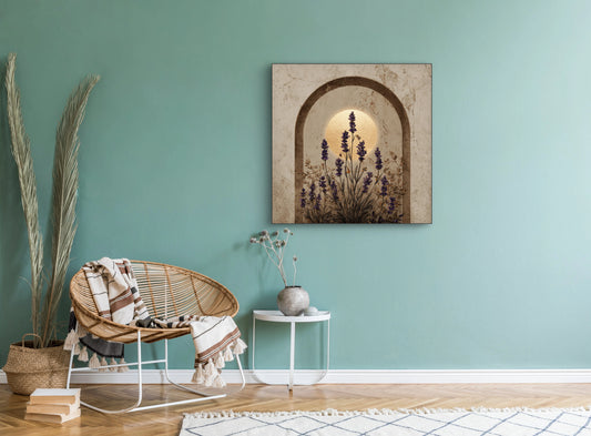 Kunstwerk met lavendelbloemen in een stenen boogopening aan de muur boven een rotan stoel in een modern interieur
