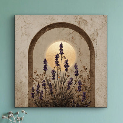 Detail van lavendelbloemen in een stenen boog met lichtinval
