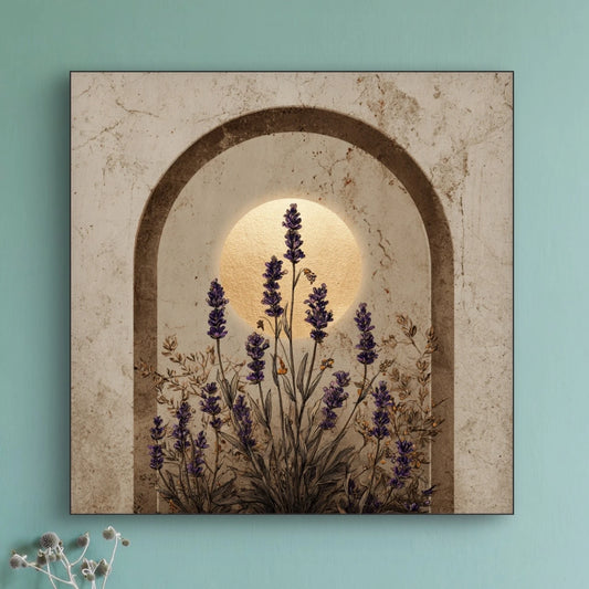 Detail van lavendelbloemen in een stenen boog met lichtinval
