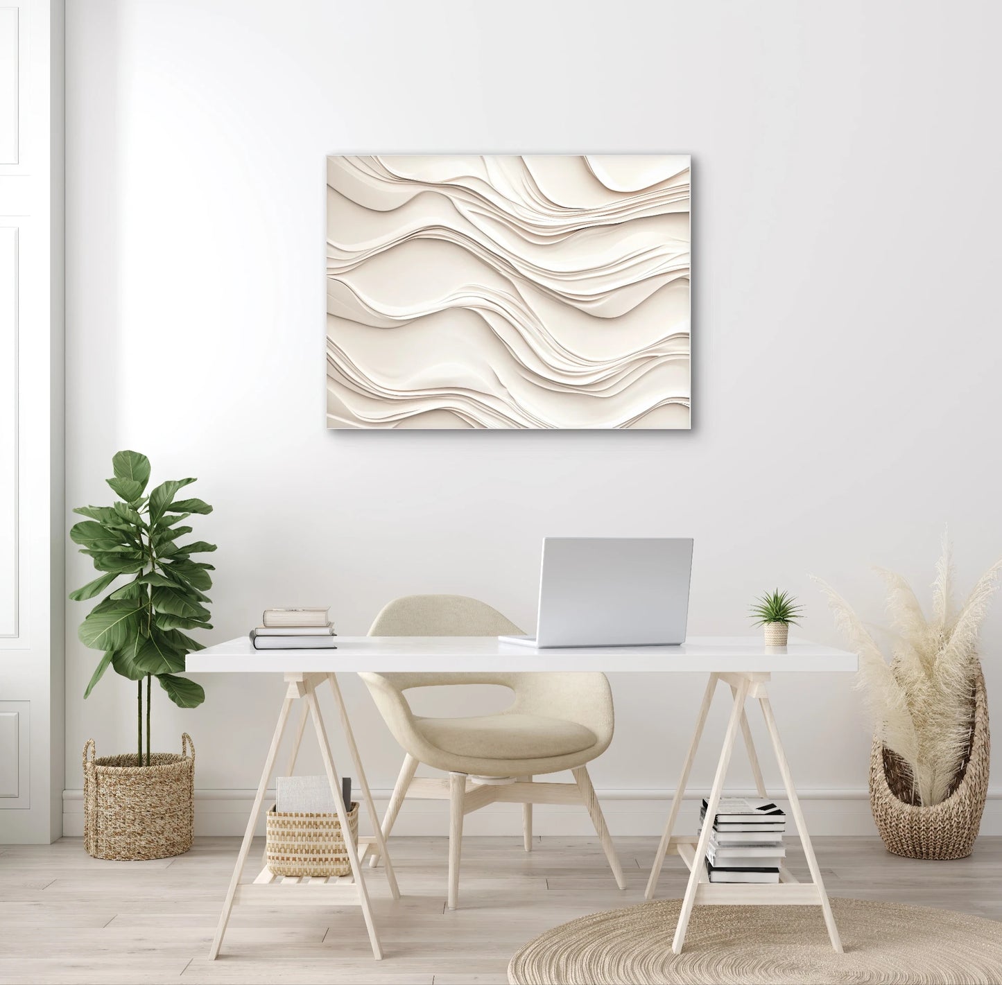 Wandkunst Layer by Line in een Scandinavisch thuiskantoor met witte muren en naturel houten accenten
