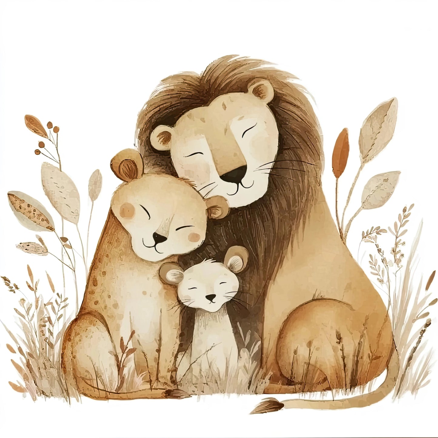 Volledige illustratie van een liefdevol leeuwengezin in zachte bruine tinten, zittend in een veld met bladeren op een witte achtergrond.
