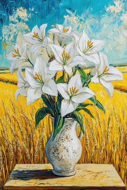 Volledige weergave van Lelies onder de Zon met witte lelies in een vaas tegen een geel veld en blauwe lucht
