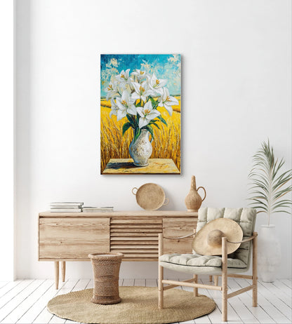 Textielkunstwerk Lelies onder de Zon boven houten dressoir in zonnige boho-interieurstijl
