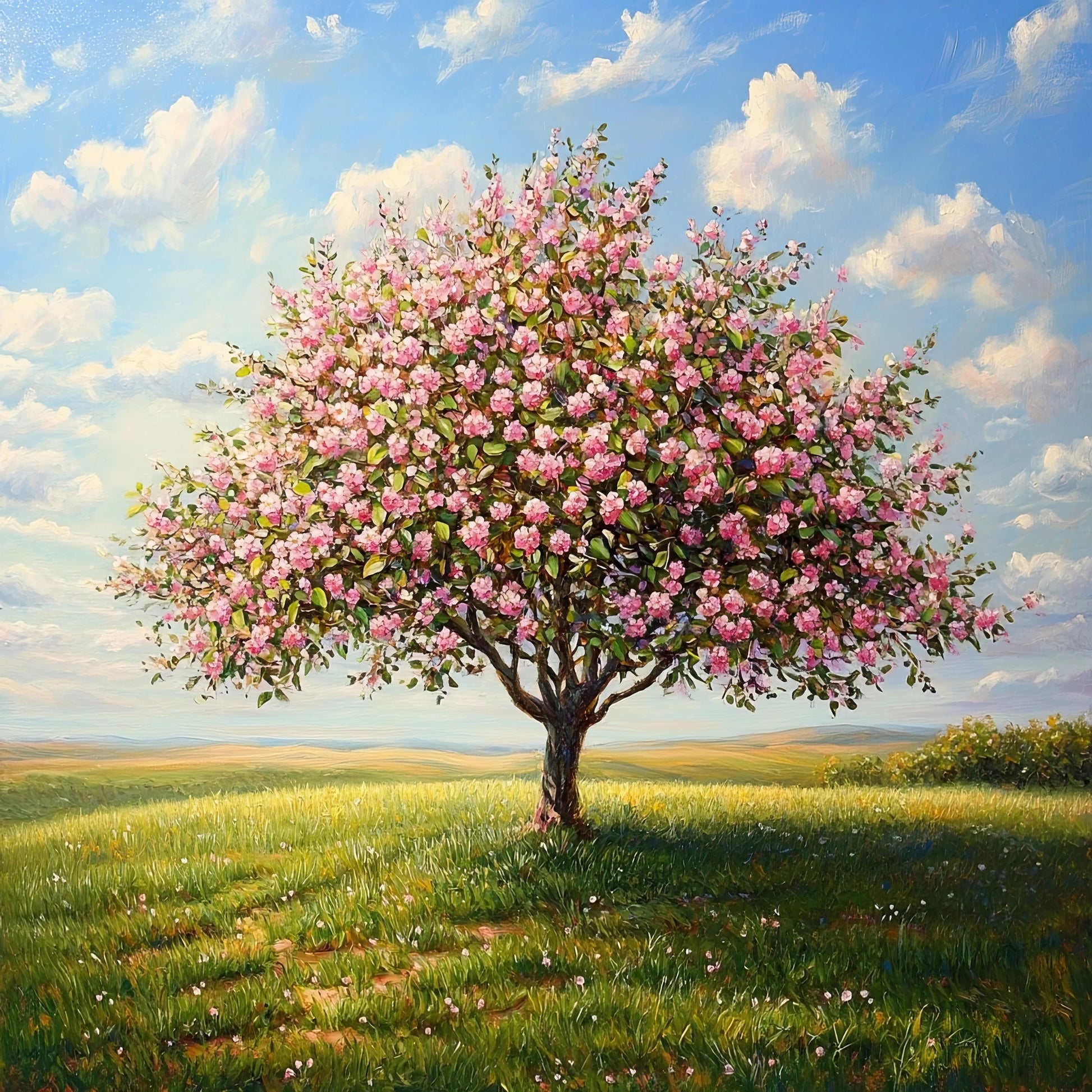 Volledig kunstwerk met bloeiende boom in landschap onder een blauwe lucht met lichte bewolking
