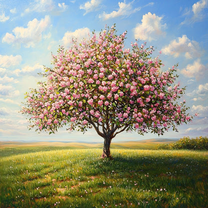 Volledig kunstwerk met bloeiende boom in landschap onder een blauwe lucht met lichte bewolking
