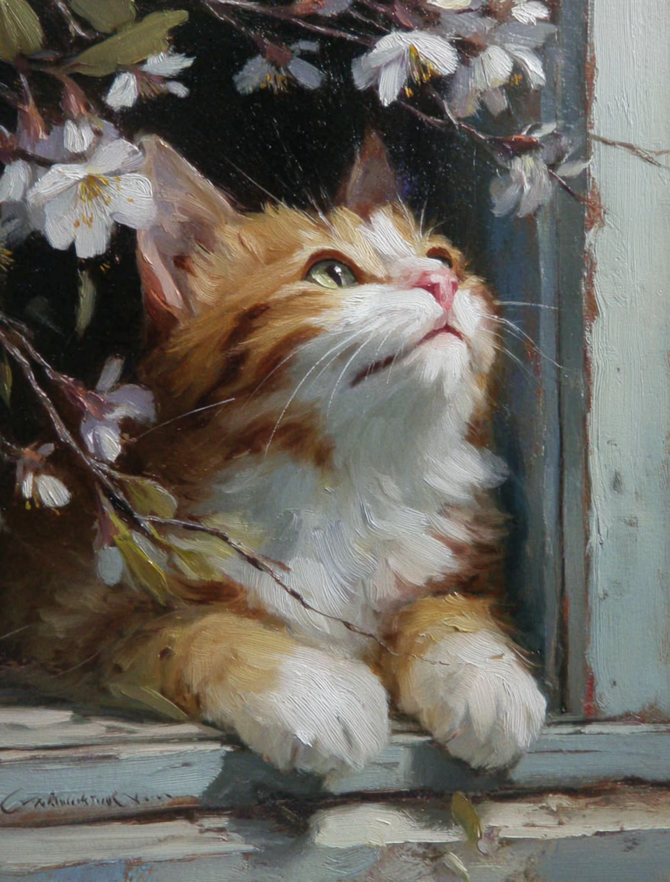 Volledige weergave van Lenteblik met kat bij raam en bloeiende takken  
