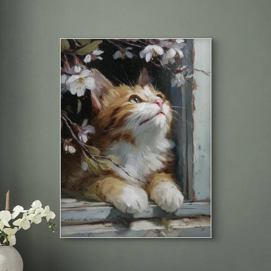 Detailopname van Lenteblik met rood-witte kat tussen bloesemtakken  
