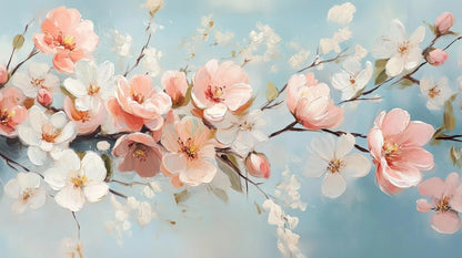 Volledig kunstwerk met bloesemtak in wit, roze en perzik op pastelblauwe lucht

