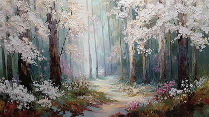 Lentelandschap met bloesembomen, zacht licht en tinten van wit, roze en groen in schilderachtige stijl
