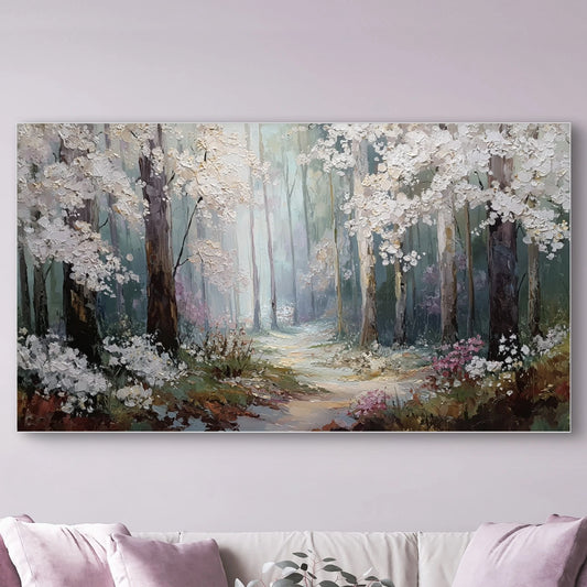 Detail van schilderachtig lentelandschap met witte bloesem en zachte lichtval
