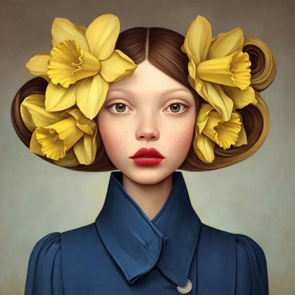 Volledige weergave van Lenteziel, portretkunst met gele bloemen en elegante uitstraling
