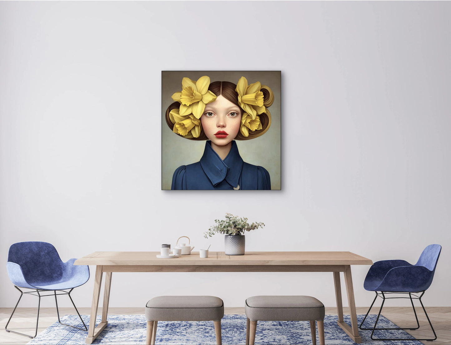 Lenteziel wandkunst in modern interieur met blauwe en gele tinten
