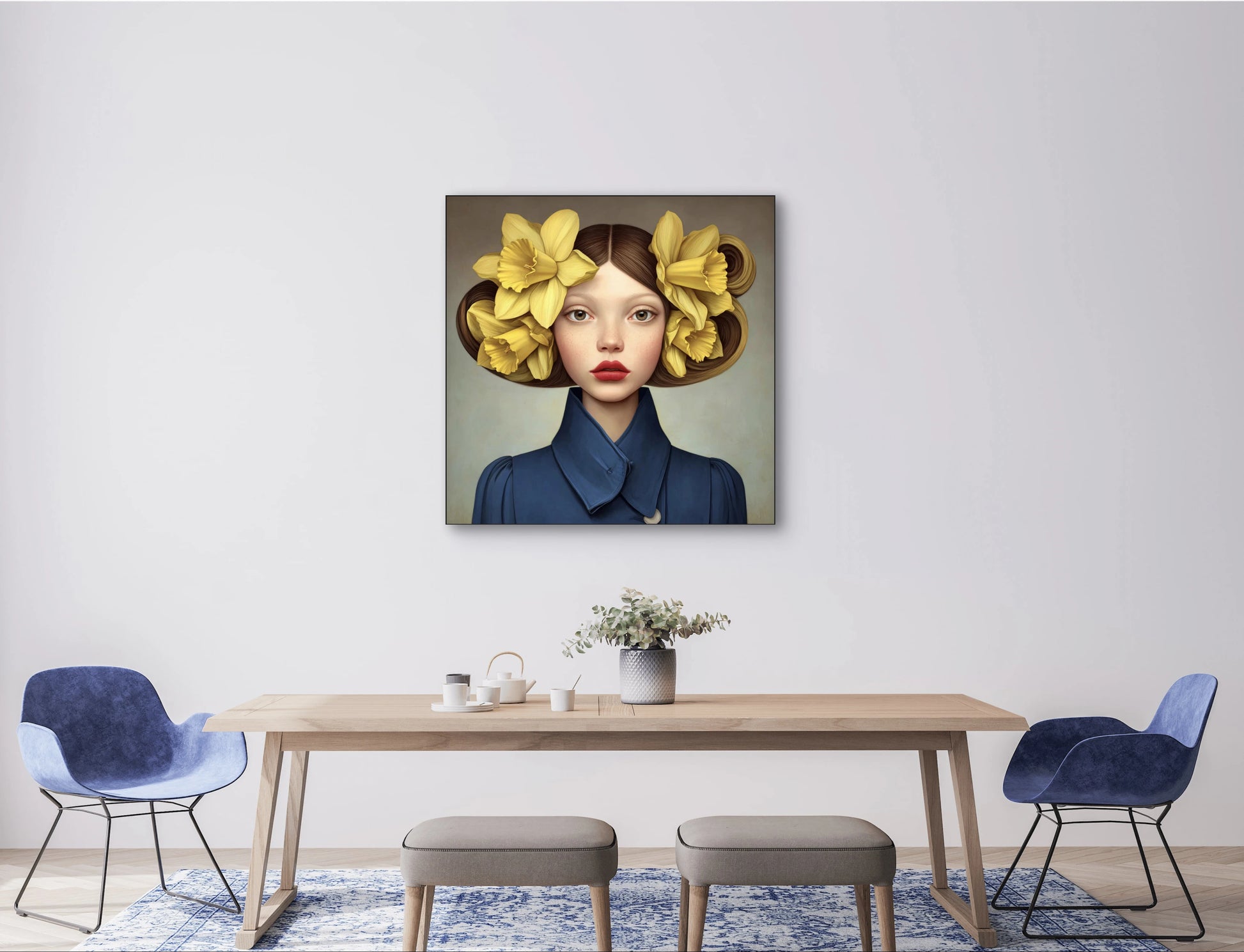 Lenteziel wandkunst in modern interieur met blauwe en gele tinten
