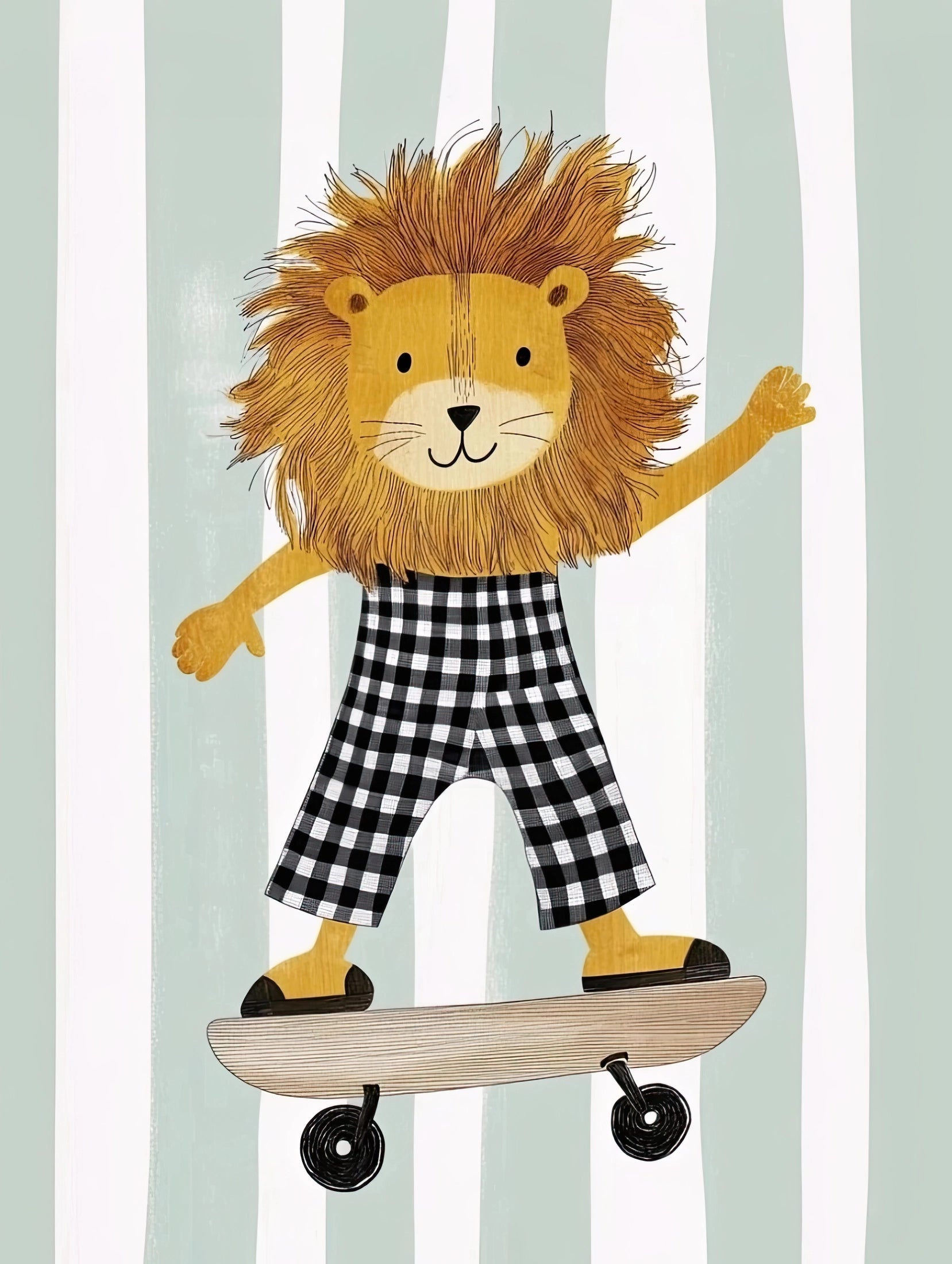 Volledige illustratie van een stoere leeuw met manen en geruite kleding, balancerend op een skateboard voor een fris gestreept decor.
