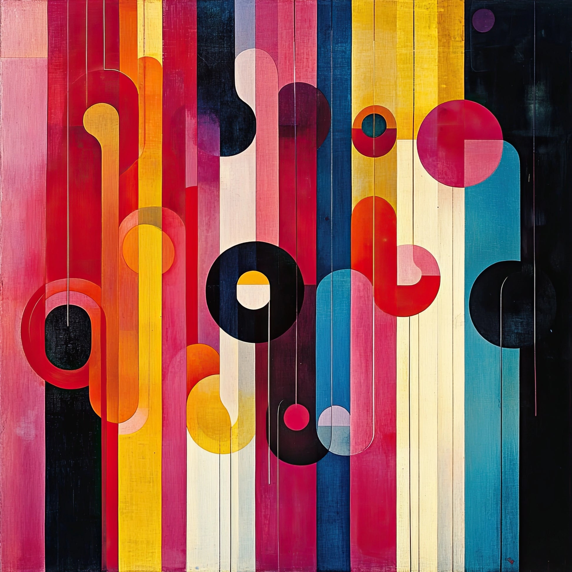 Moderne wanddecoratie met kleurrijke cirkels en strepen in roze, geel, oranje, blauw, zwart en wit
