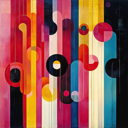 Moderne wanddecoratie met kleurrijke cirkels en strepen in roze, geel, oranje, blauw, zwart en wit
