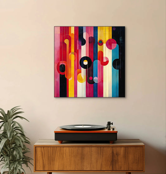 Abstracte kleurrijke wanddecoratie met cirkels en strepen in roze, geel, blauw en zwart boven platenspeler
