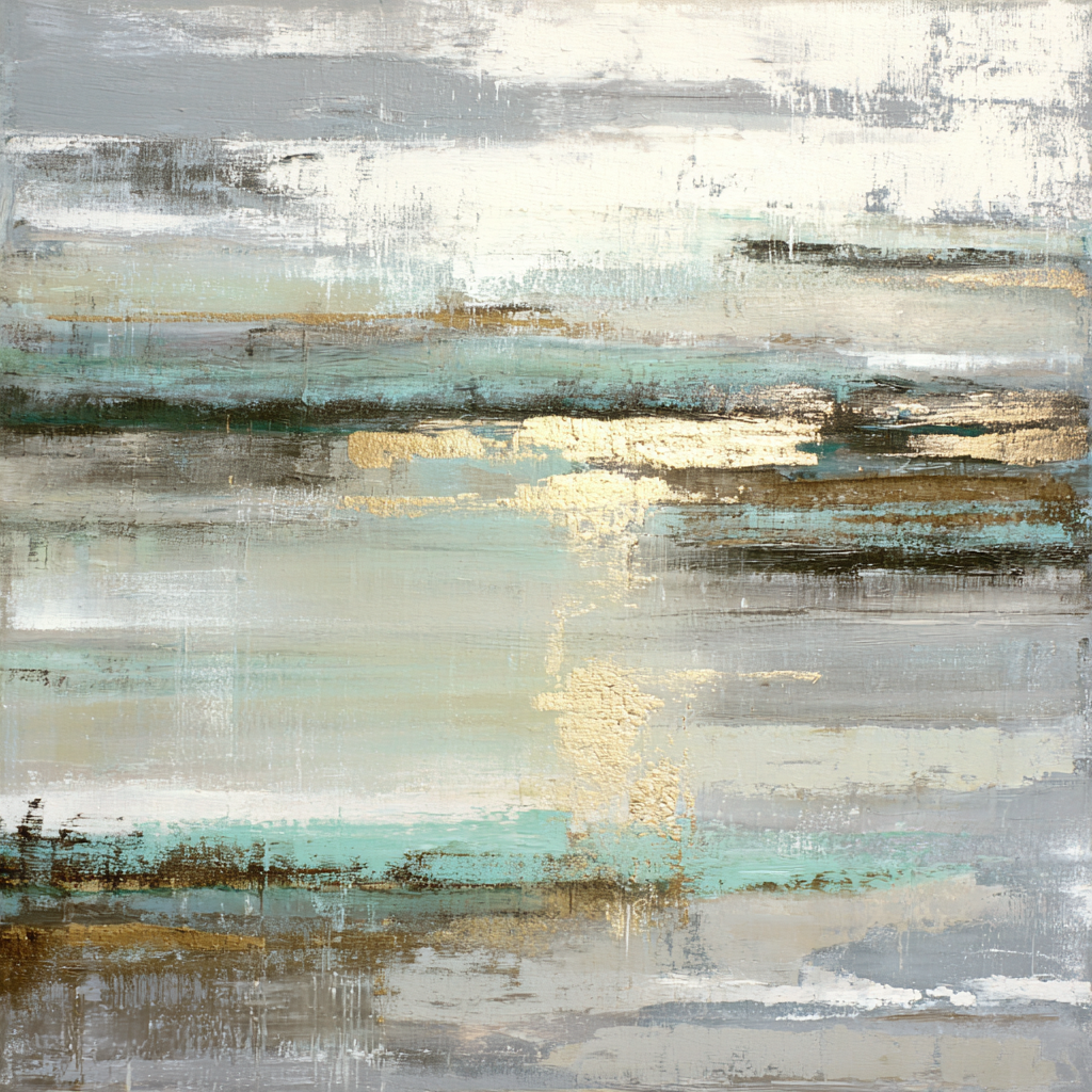 Abstracte compositie in wit, goud en groenblauw met zachte lagen en reflectie
