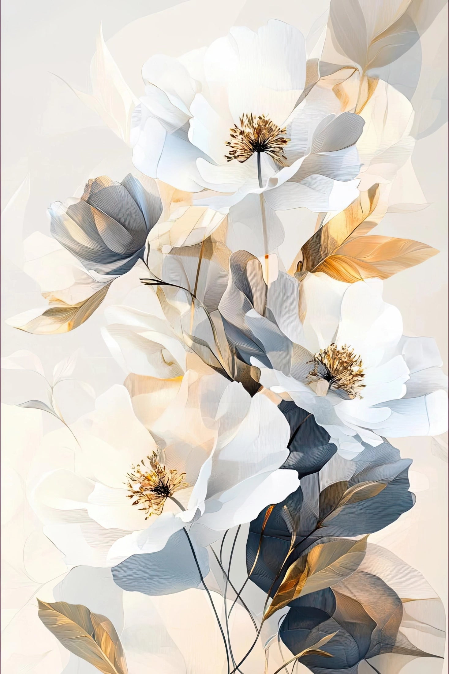 Volledig kunstwerk met sierlijke witte bloemen en goudgrijze bladeren in lichte, dromerige stijl
