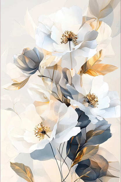 Volledig kunstwerk met sierlijke witte bloemen en goudgrijze bladeren in lichte, dromerige stijl
