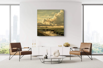 Landschapskunstwerk met wolkenlucht en rivier in warme tinten aan de muur van een modern interieur met leren stoelen
