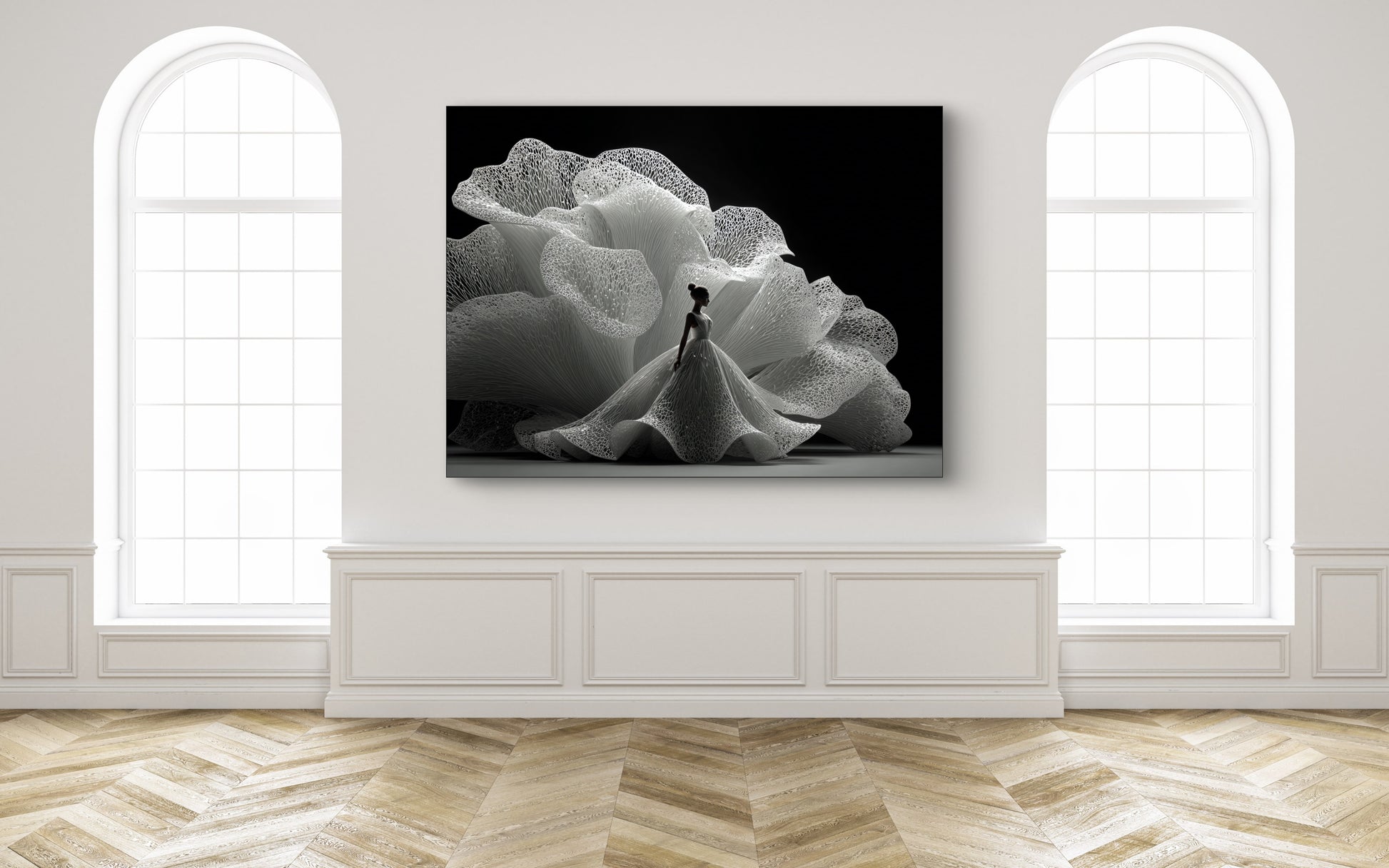 Lichtvorm wandkunst in elegant interieur met witte tinten en natuurlijke lichtinval
