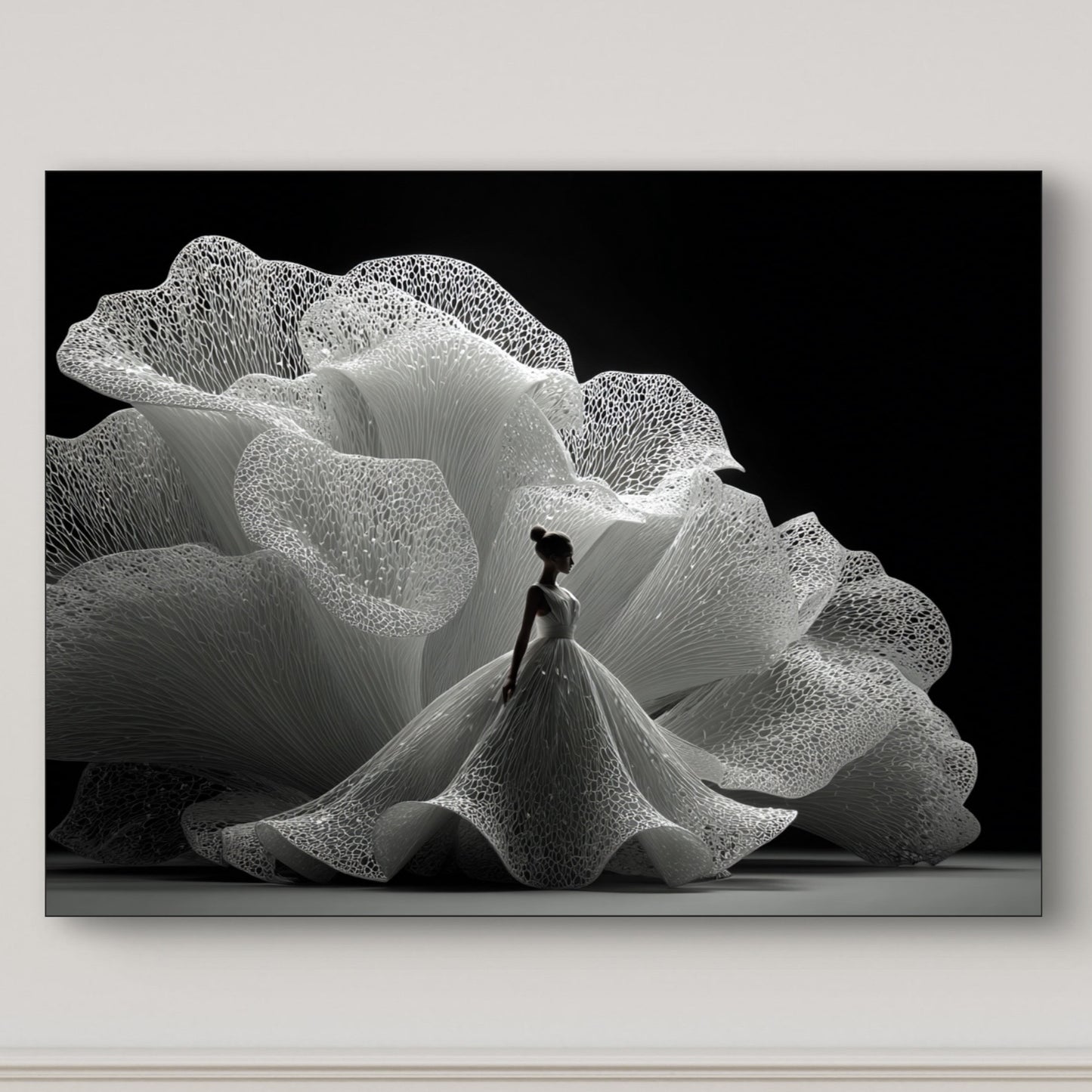 Detail van Lichtvorm wandkunst met vloeiende lijnen en subtiele schaduwstructuren
