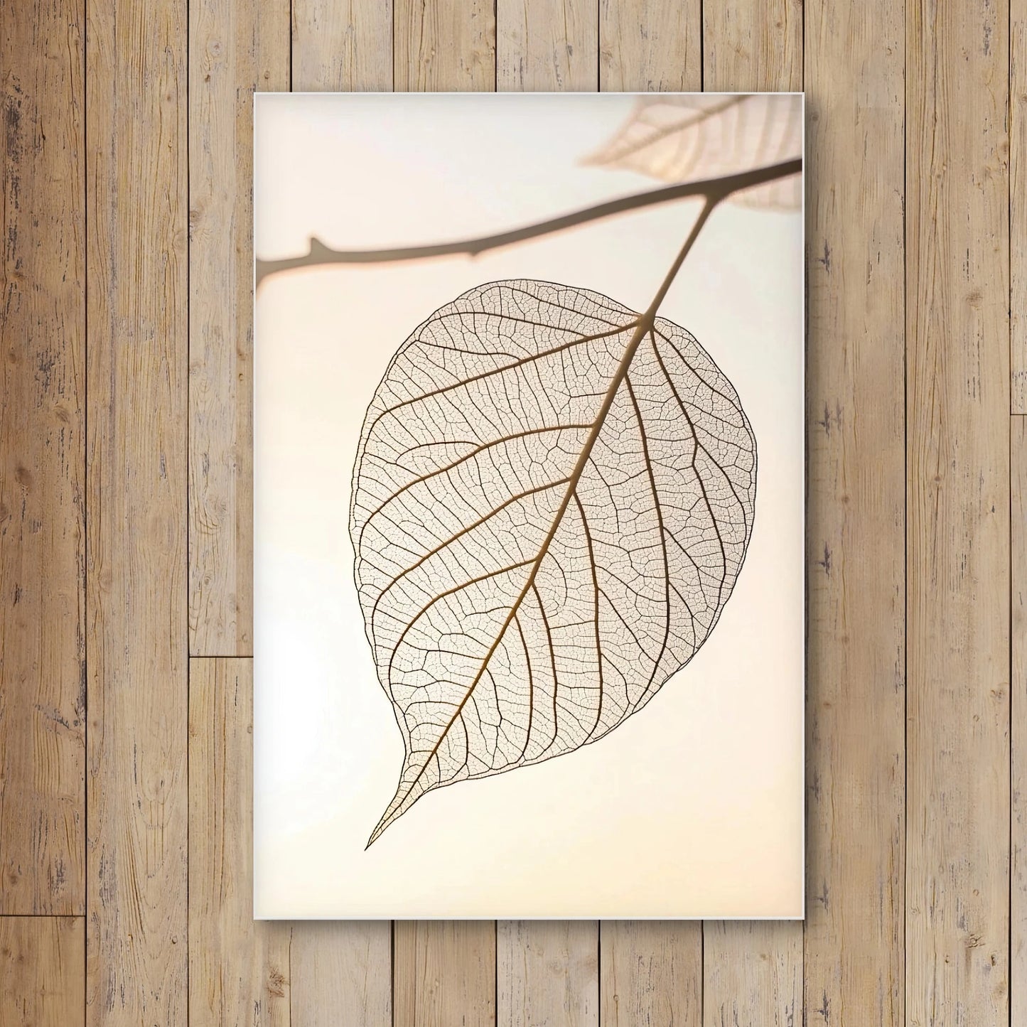 Detail van bladnerven in grafische stijl met zachte lichtinval en neutrale achtergrond

